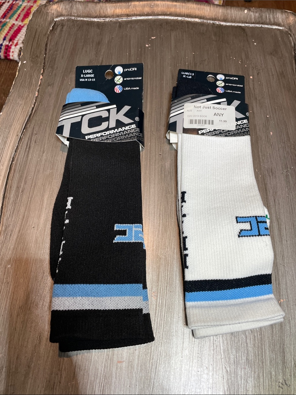 TC Athletic Crew Socks — Black & White with Light Blue Accents (Pair)